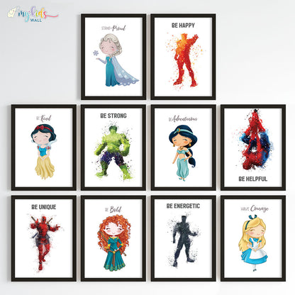 Superheroes & Princesses Motivational Wall Art for Siblings Framed Set of 10 Black