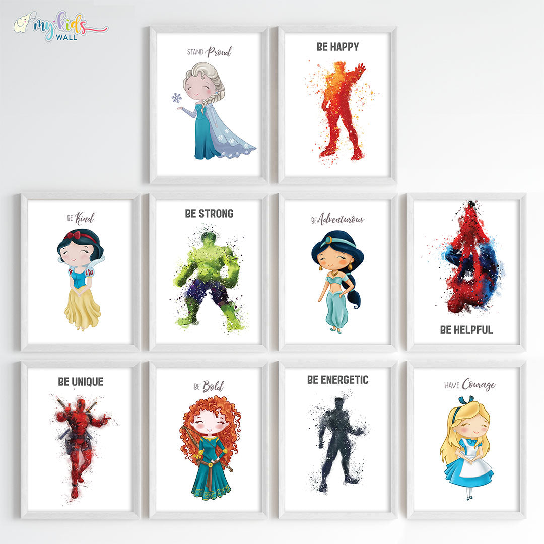 Superheroes & Princesses Motivational Wall Art for Siblings Framed Set of 10 White