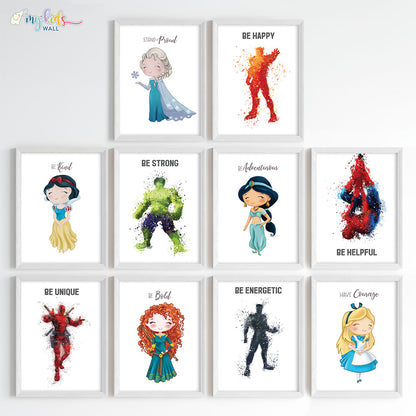 Superheroes & Princesses Motivational Wall Art for Siblings Framed Set of 10 White