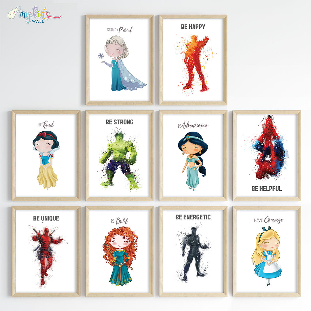 Superheroes & Princesses Motivational Wall Art for Siblings Framed Set of 10 Wooden