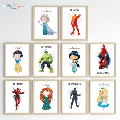 Superheroes & Princesses Motivational Wall Art for Siblings Framed Set of 10 Wooden