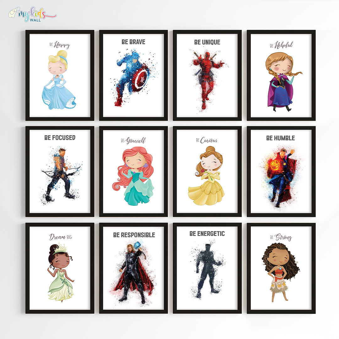 Superheroes & Princesses Motivational Wall Art for Siblings Framed Set of 12 Black