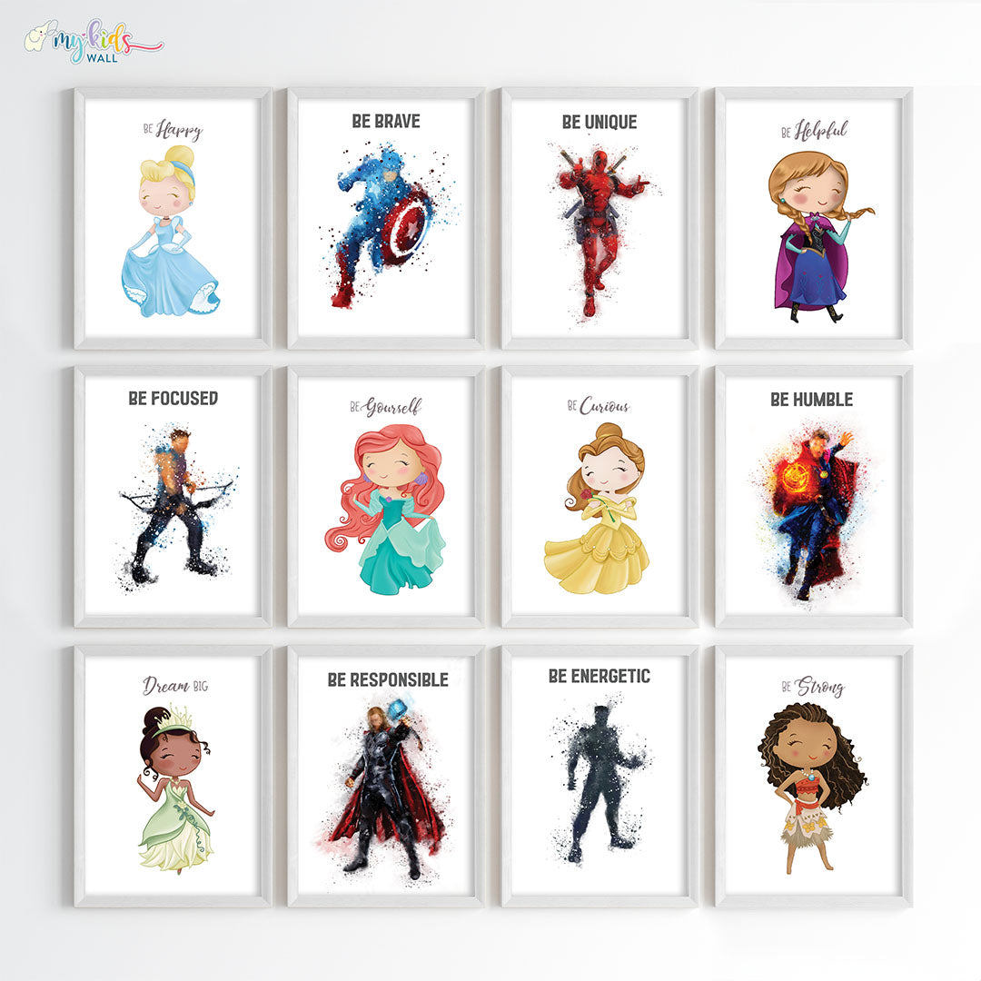 Superheroes & Princesses Motivational Wall Art for Siblings Framed Set of 12 White