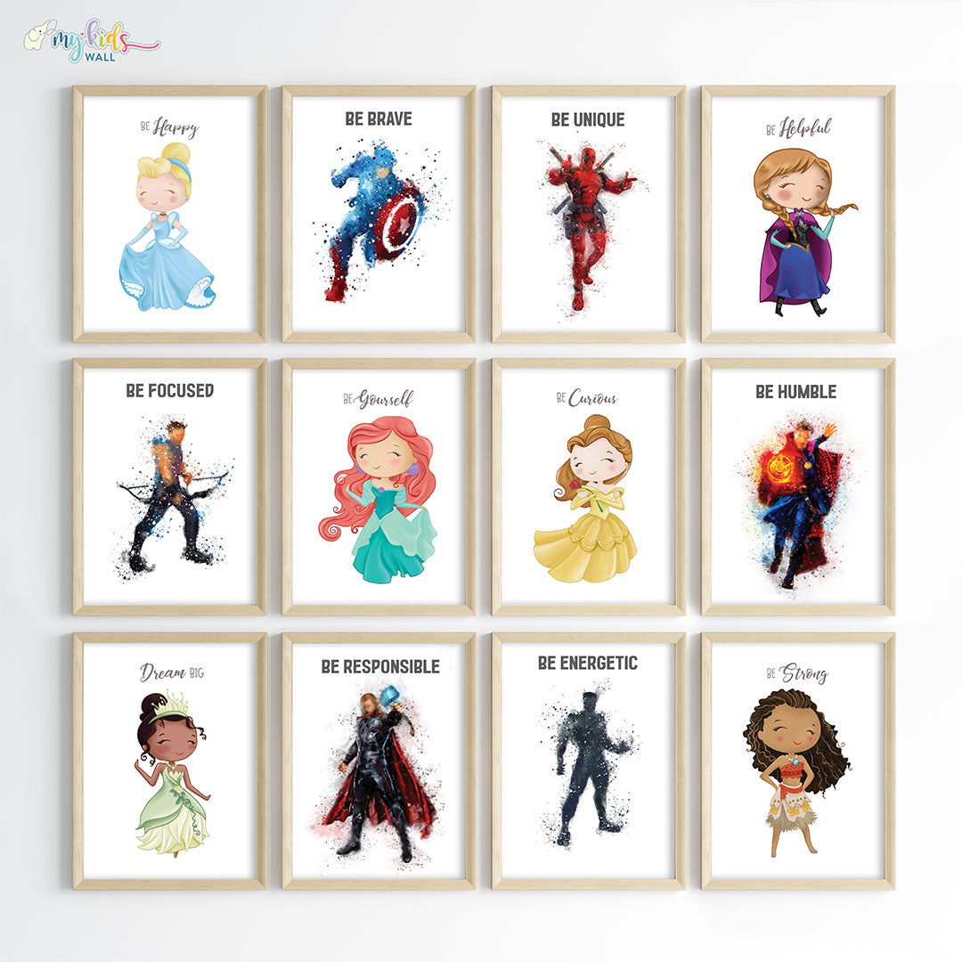 Superheroes & Princesses Motivational Wall Art for Siblings Framed Set of 12 Wooden