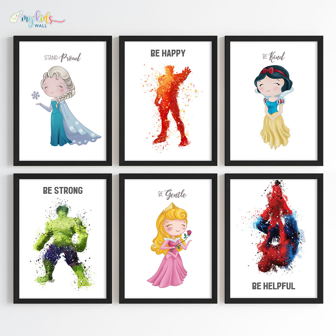 Superheroes & Princesses Motivational Wall Art for Siblings Framed Set of 6 Black