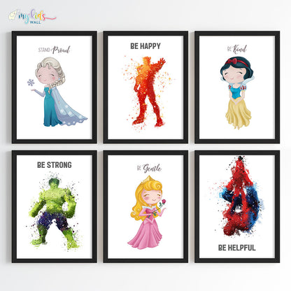 Superheroes & Princesses Motivational Wall Art for Siblings Framed Set of 6 Black