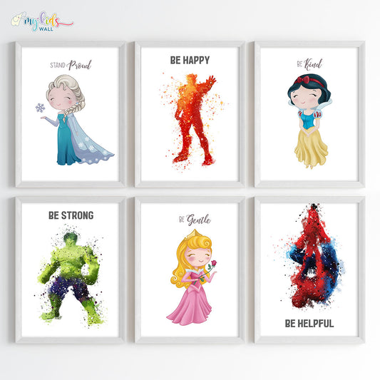 Superheroes & Princesses Motivational Wall Art for Siblings Framed Set of 6 White