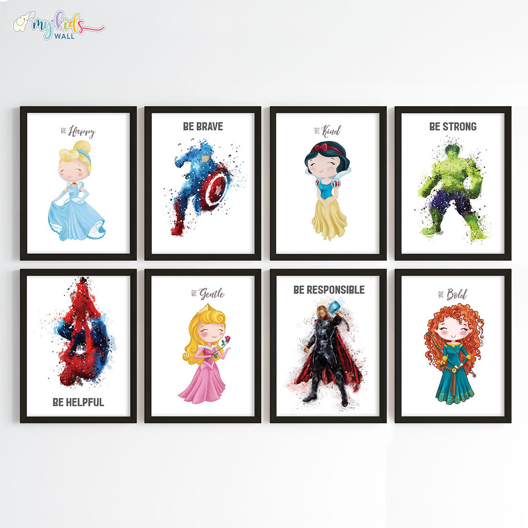 Superheroes & Princesses Motivational Wall Art for Siblings Framed Set of 8 Black