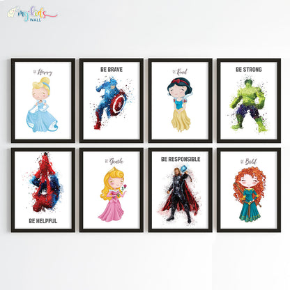 Superheroes & Princesses Motivational Wall Art for Siblings Framed Set of 8 Black