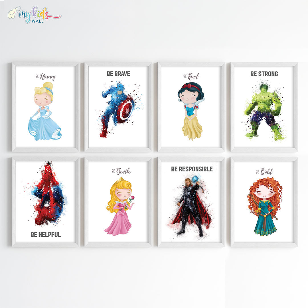 Superheroes & Princesses Motivational Wall Art for Siblings Framed Set of 8 White