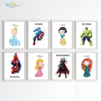Superheroes & Princesses Motivational Wall Art for Siblings Framed Set of 8 White