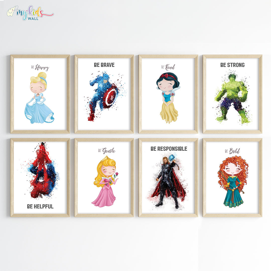 Superheroes & Princesses Motivational Wall Art for Siblings Framed Set of 8 Wooden