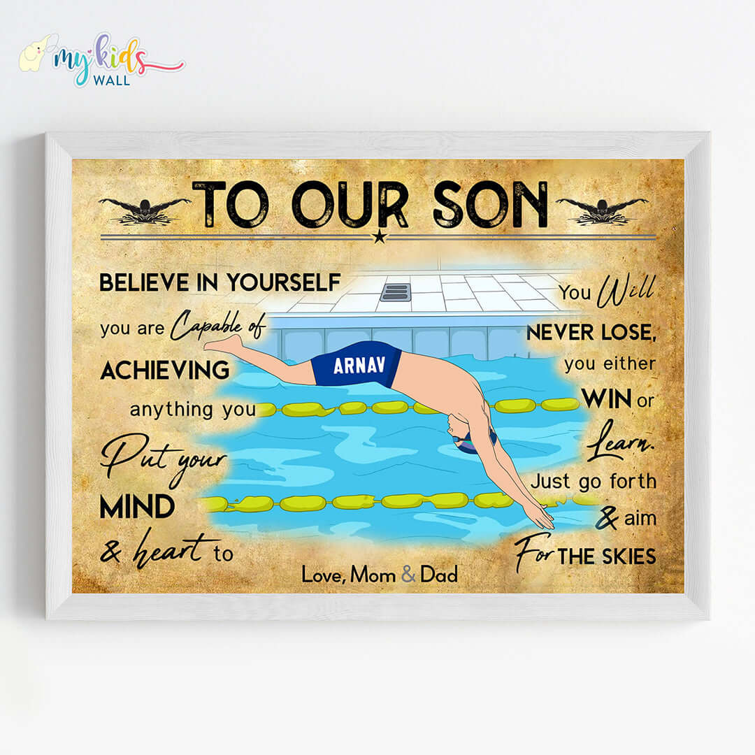 Motivational swimmer boy  wall art white frame