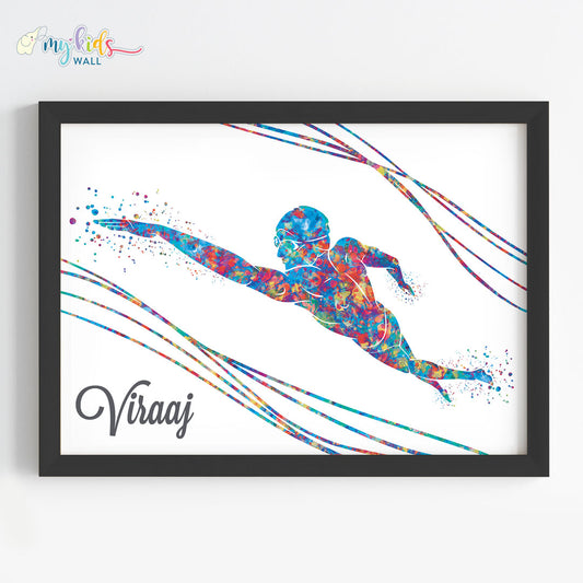 Swimmer Boy Personalized Wall Art Black Frame