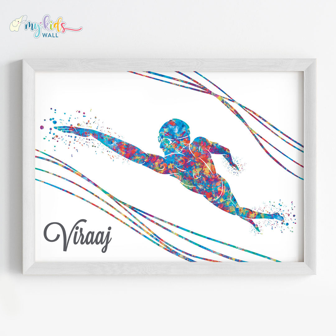 Swimmer Boy Personalized Wall Art White Frame
