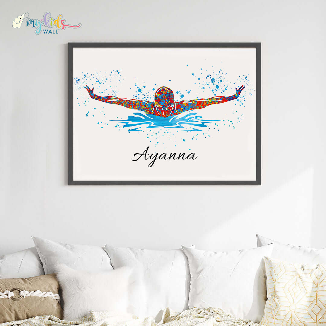 Swimmer Butterfly Personalised Wall Art Big Frame Black