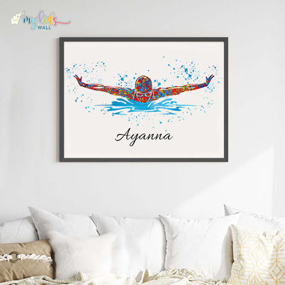 Swimmer Butterfly Personalised Wall Art Big Frame Black