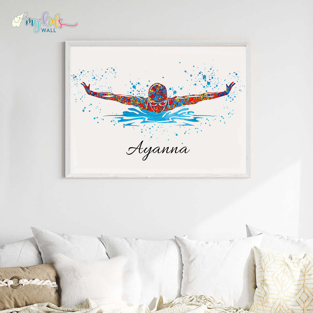 Swimmer Butterfly Personalised Wall Art Big Frame White