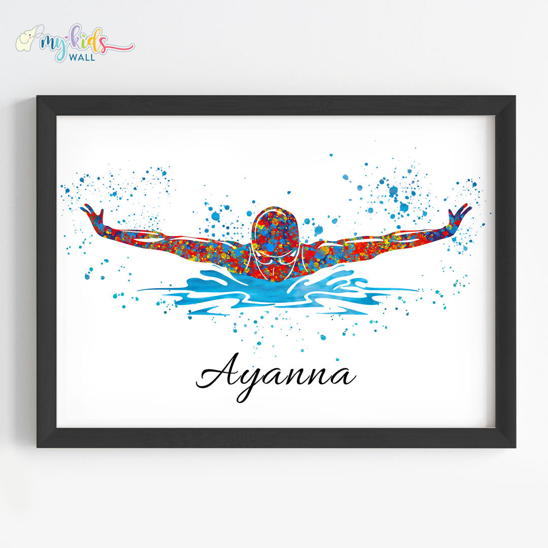 Swimmer Butterfly Personalised Wall Art Framed Black