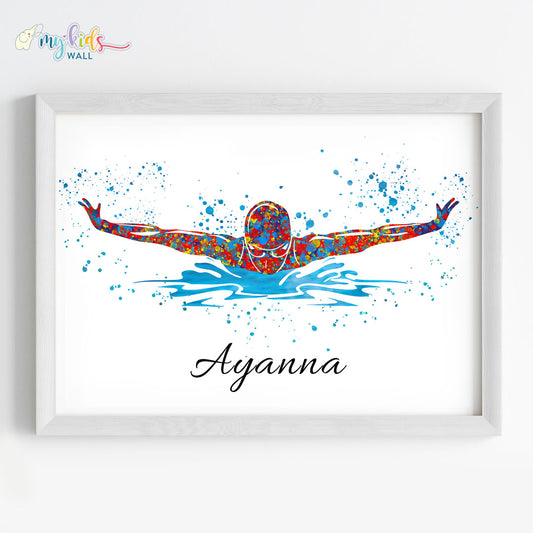 Swimmer Butterfly Personalised Wall Art Framed White