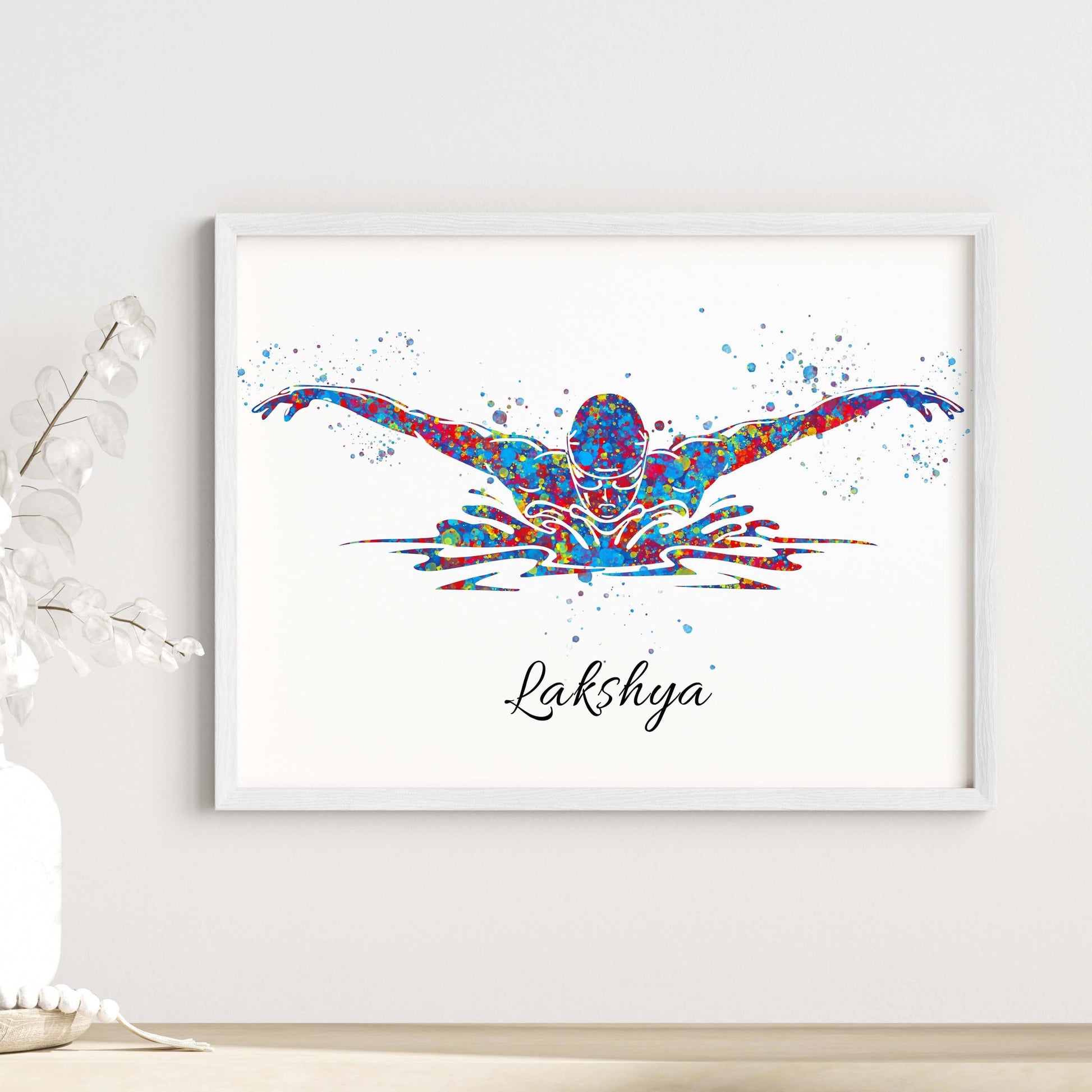 Inspirational swimmer butterfly boy wall art white frame