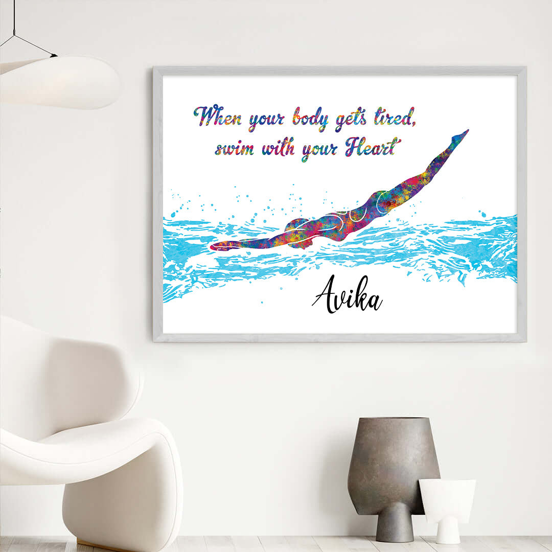 Swimmer Girl Personalized Wall Art Big Frame quote 2 white