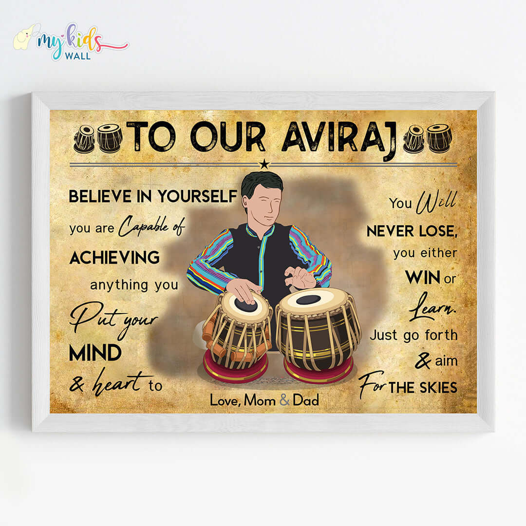 Motivational tabla player boy wall art white frame