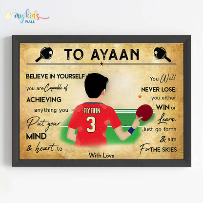 Motivational table tennis boy wall art black frame