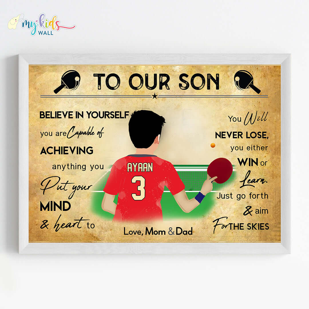 Motivational table tennis boy wall art white frame