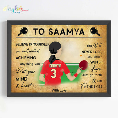 Motivational table tennis girl wall art black frame