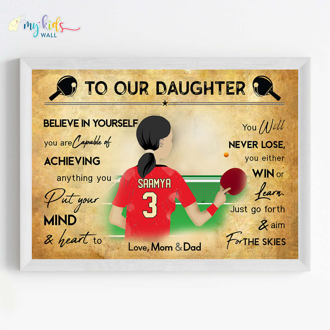 Motivational table tennis girl wall art white frame