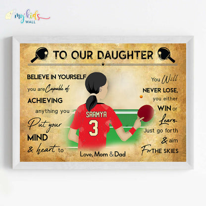 Motivational table tennis girl wall art white frame