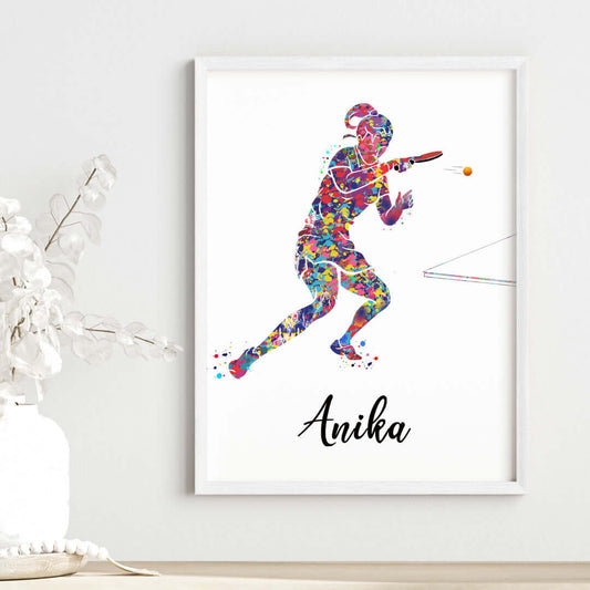 Inspirational table tennis player girl wall art white frame