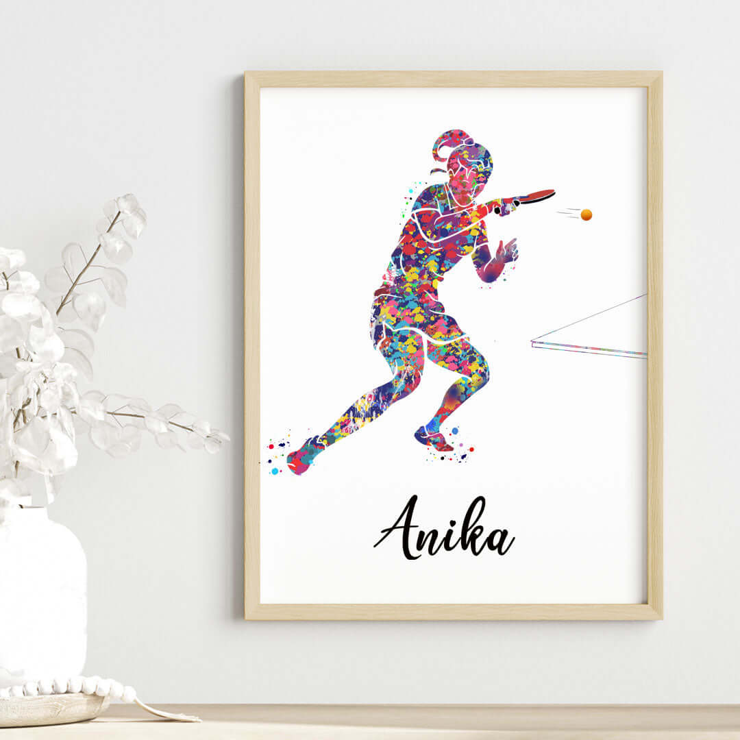 Inspirational table tennis player girl wall art wooden frame