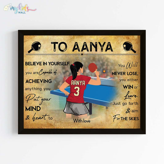 table tennis player girl personalized motivational wall art black frame