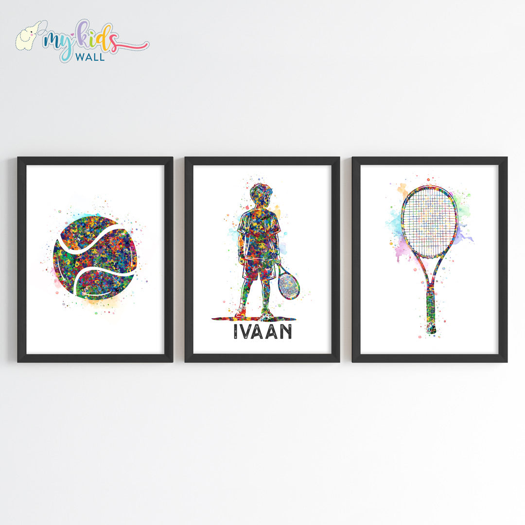 Tennis Boy Player Personalised Wall Art Framed Set of 3 Black