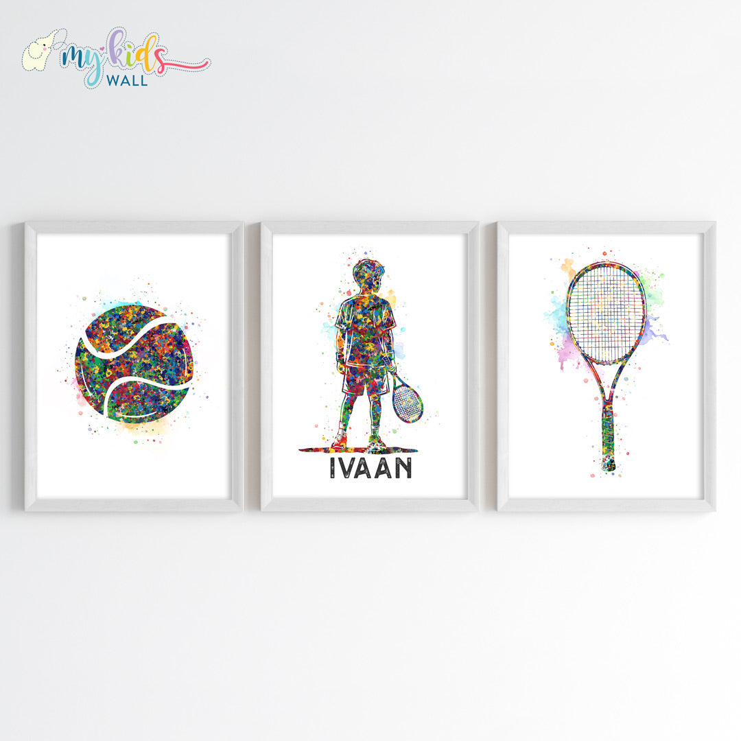 Tennis Boy Player Personalised Wall Art Framed Set of 3 White