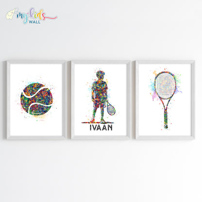 Tennis Boy Player Personalised Wall Art Framed Set of 3 White