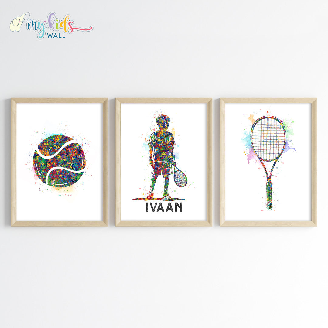 Tennis Boy Player Personalised Wall Art Framed Set of 3  Wooden