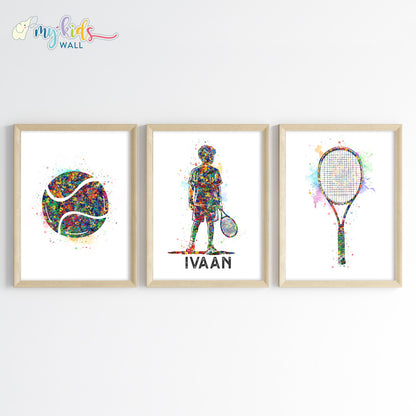 Tennis Boy Player Personalised Wall Art Framed Set of 3  Wooden