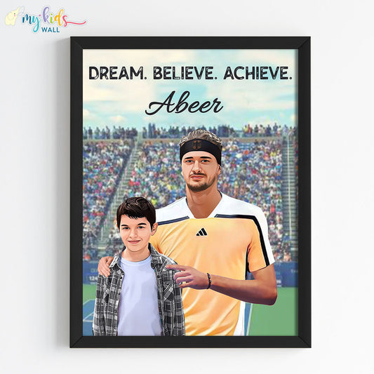 Inspirational black wall frame of Alexander Zverev with a child