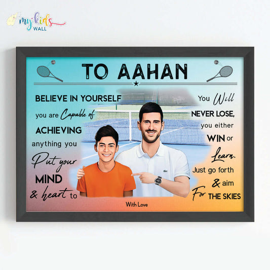 Motivational black wall frame of Novak Djokovic with a child