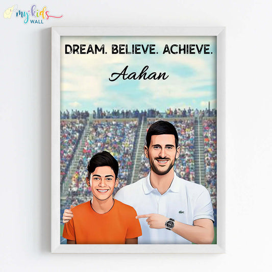 Inspirational white wall frame of Novak Djokovic with a child