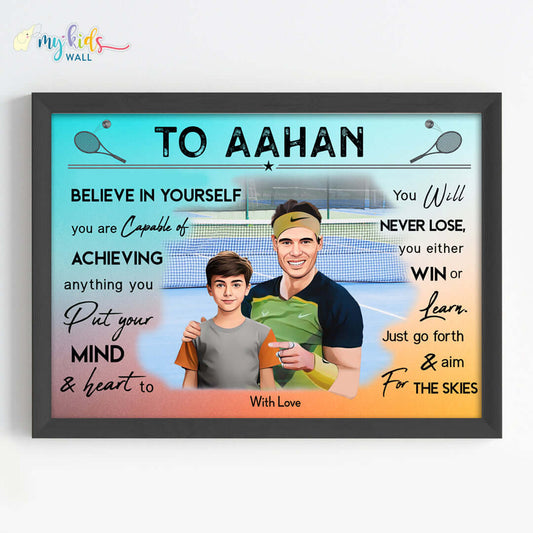 Motivational black wall frame of Rafael Nadal with a child