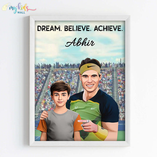 Inspirational white wall frame of Rafael Nadal with a child