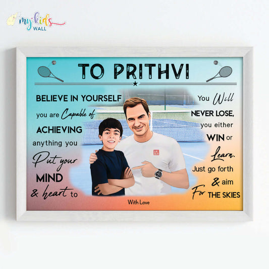 Motivational white wall frame of Roger Federer with a child