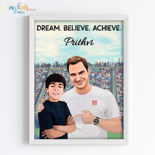 Inspirational white wall frame of Roger Federer with a child