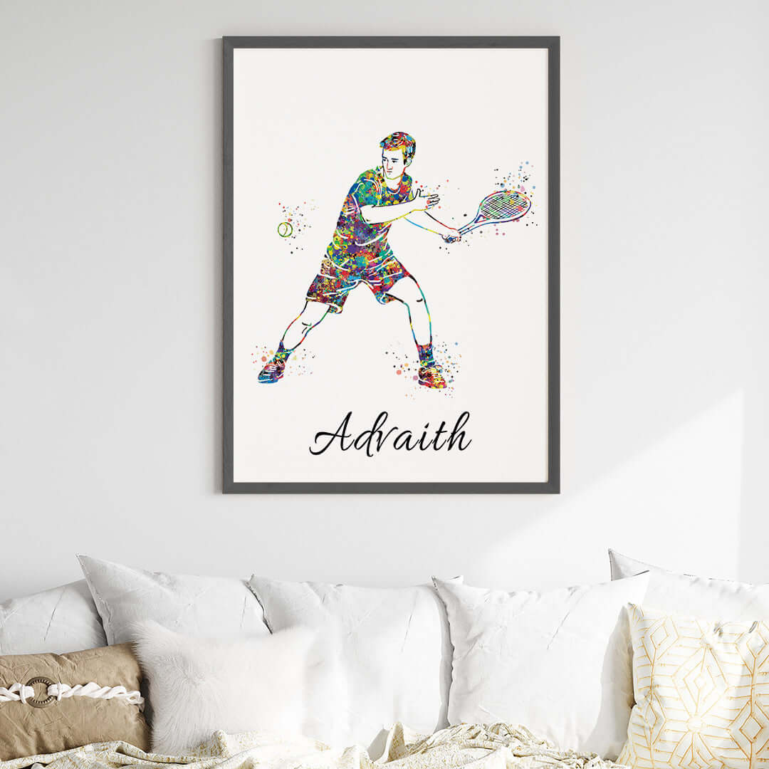 Inspirational tennis player boy wall art left handed black frame