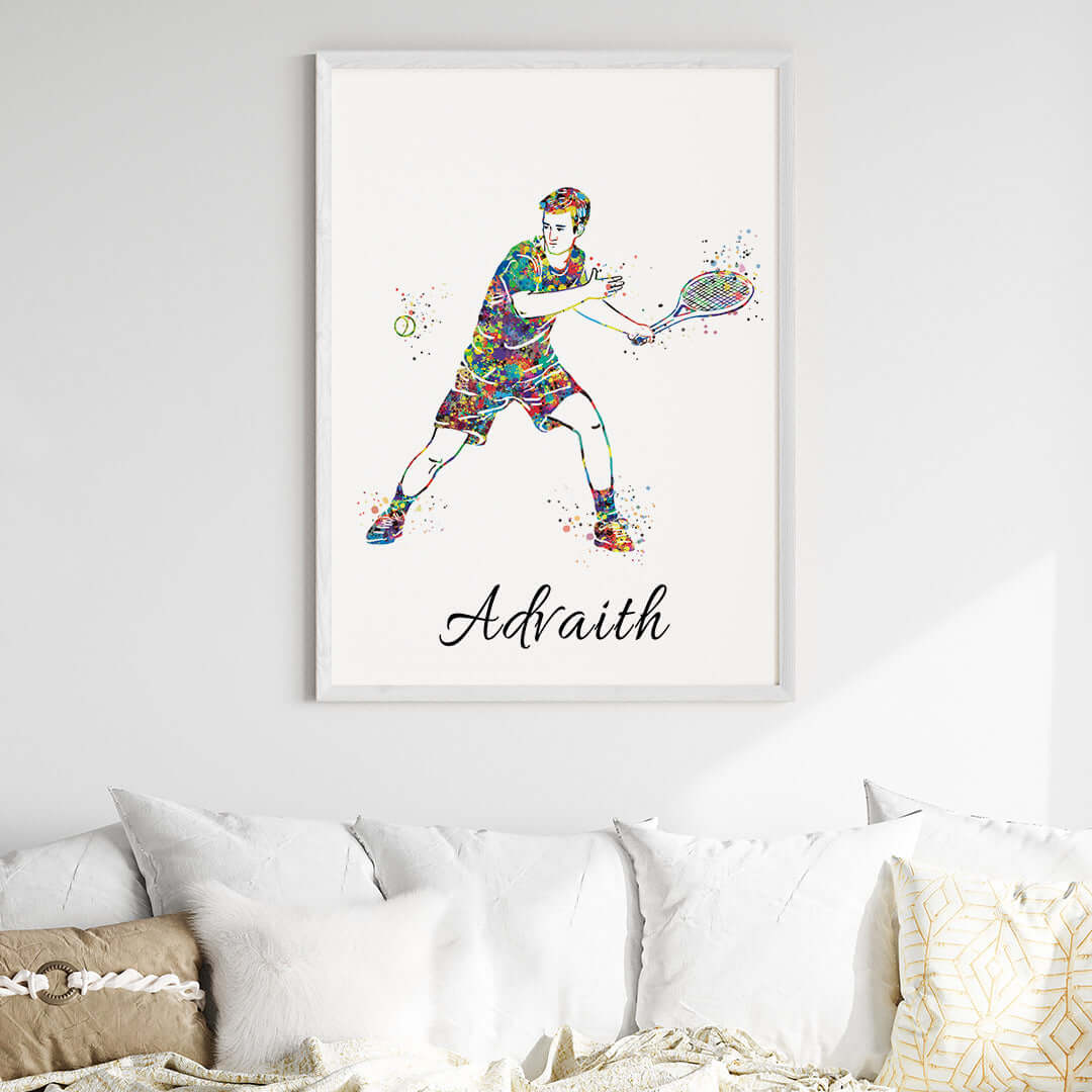 Inspirational tennis player boy wall art left handed white frame