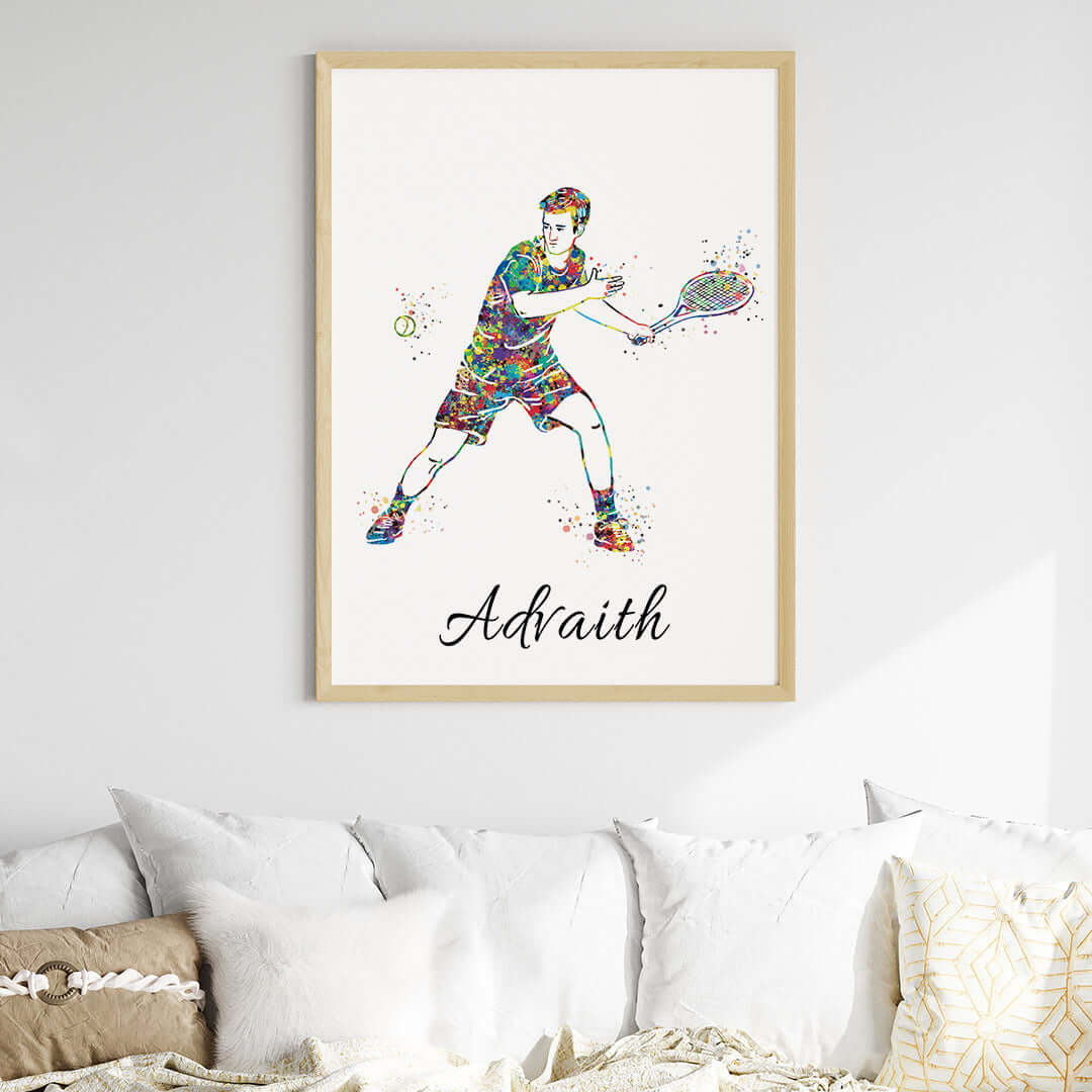 Inspirational tennis player boy wall art left handed wooden frame